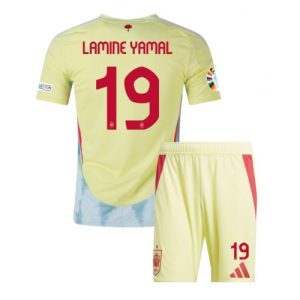 Billige Spanien Lamine Yamal #19 Udebanesæt Børn EM 2024 Kort ærmer (+ korte bukser)